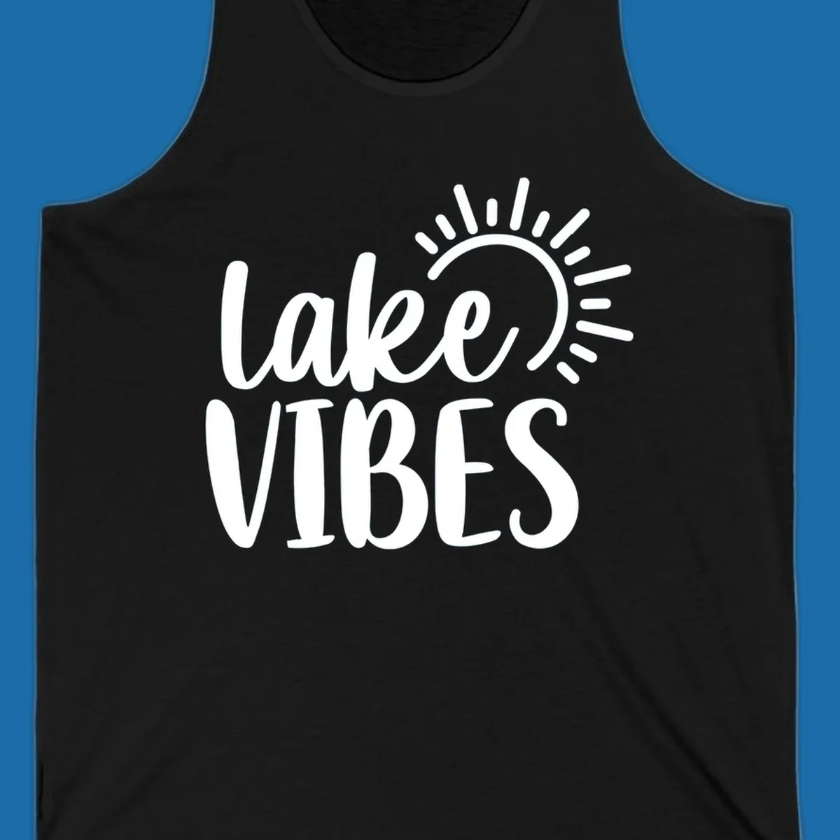 Lake Vibes text with a stylized sun graphic. Lake-life summer design.