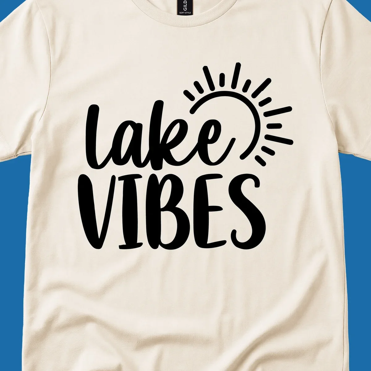 Lake Vibes text with a stylized sun graphic. Lake-life summer design.
