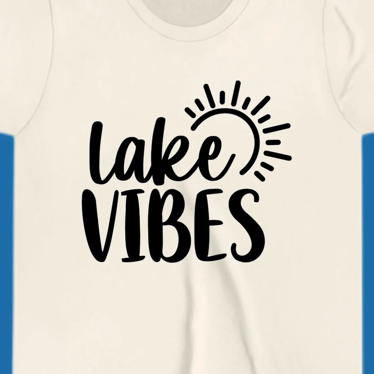 Lake Vibes text with a stylized sun graphic. Lake-life summer design.