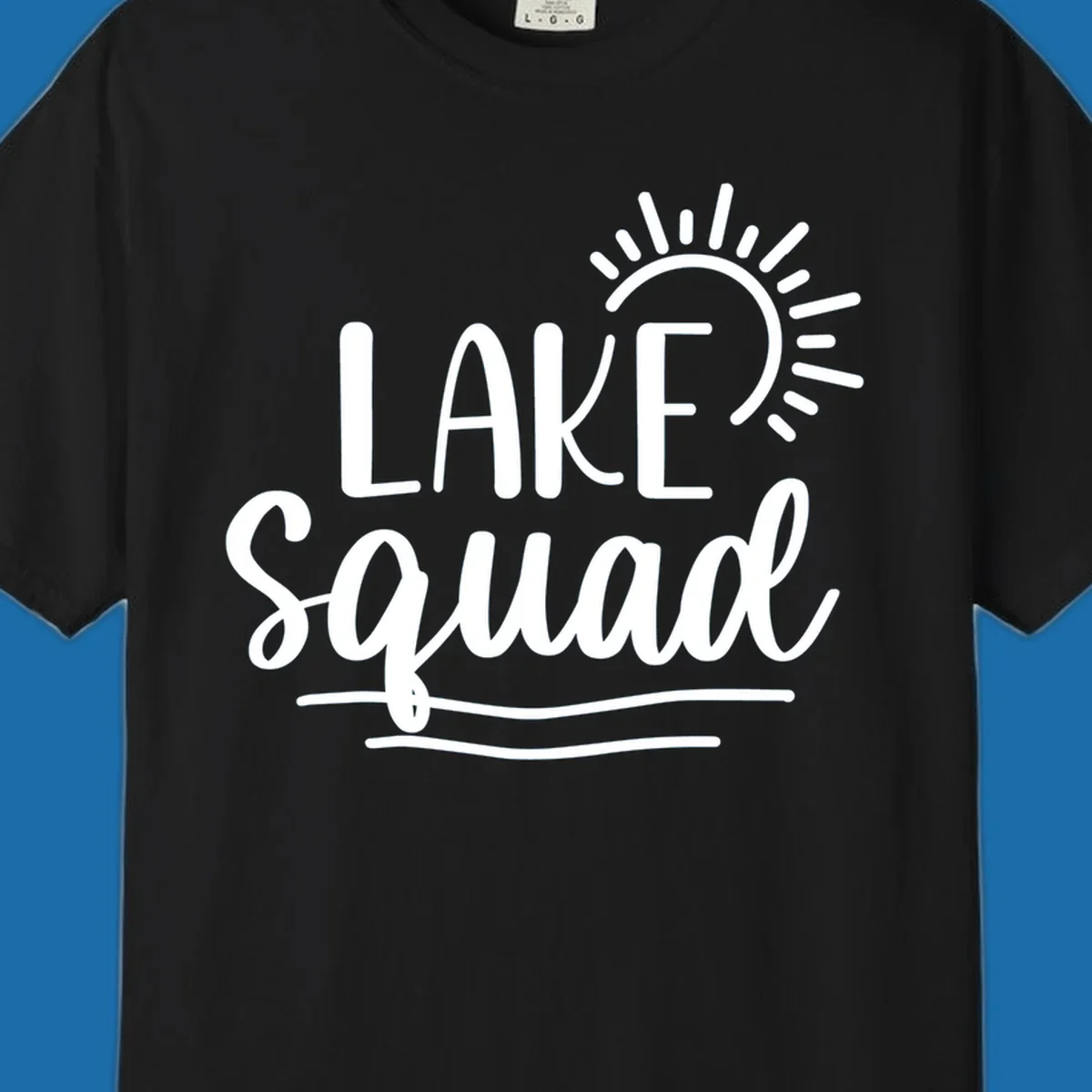 Lake squad summer vibes graphic with sun and text.