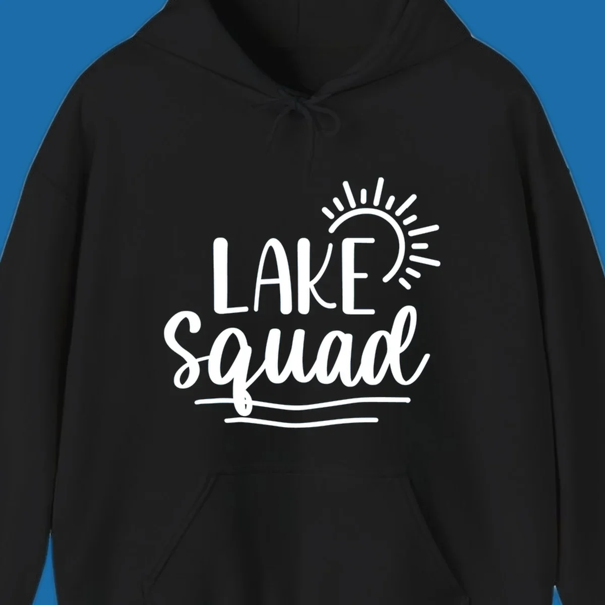 Lake squad summer vibes graphic with sun and text.