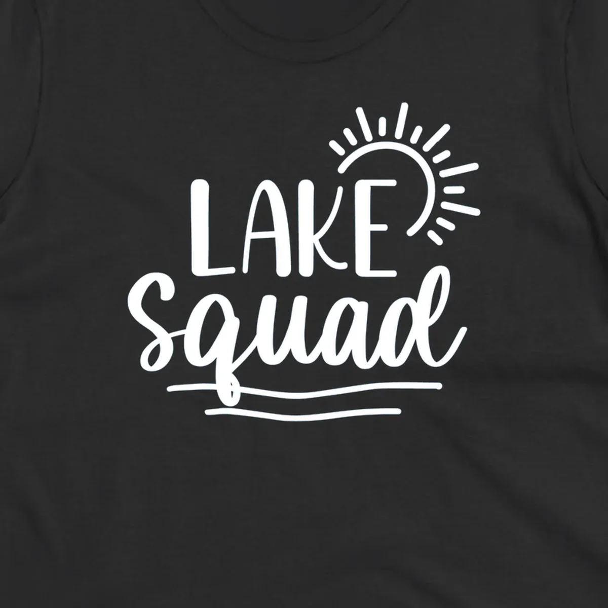 Lake squad summer vibes graphic with sun and text.