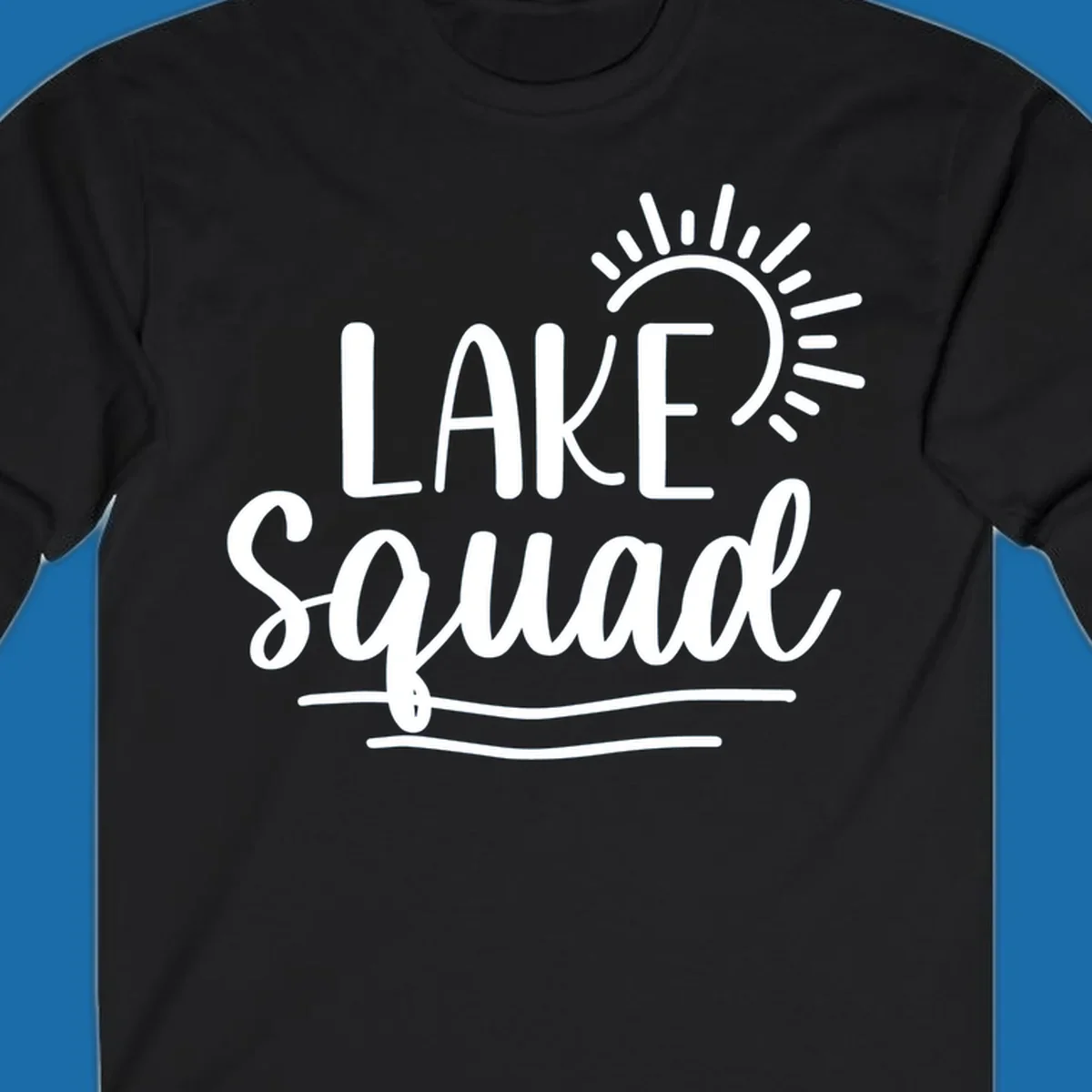 Lake squad summer vibes graphic with sun and text.