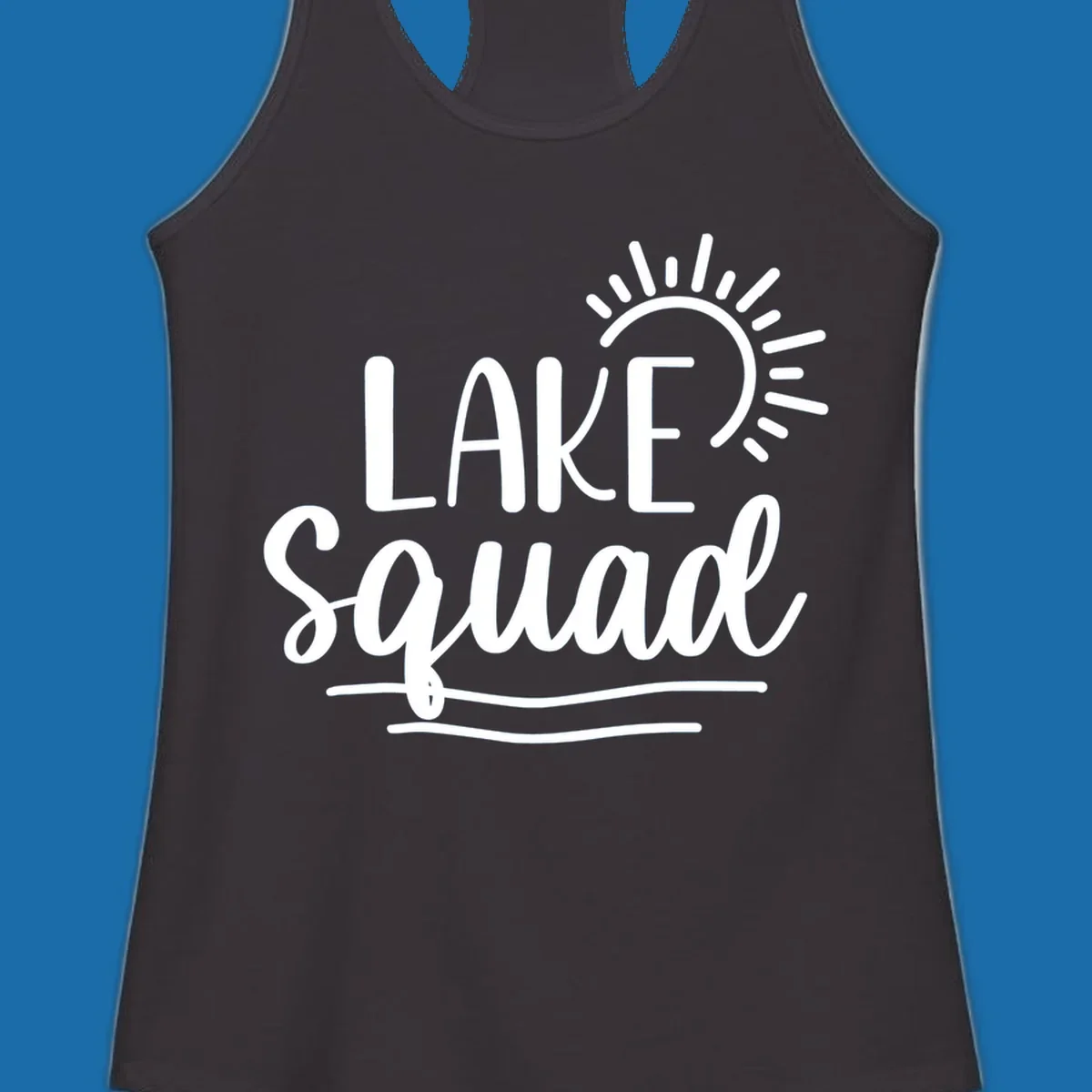 Lake squad summer vibes graphic with sun and text.