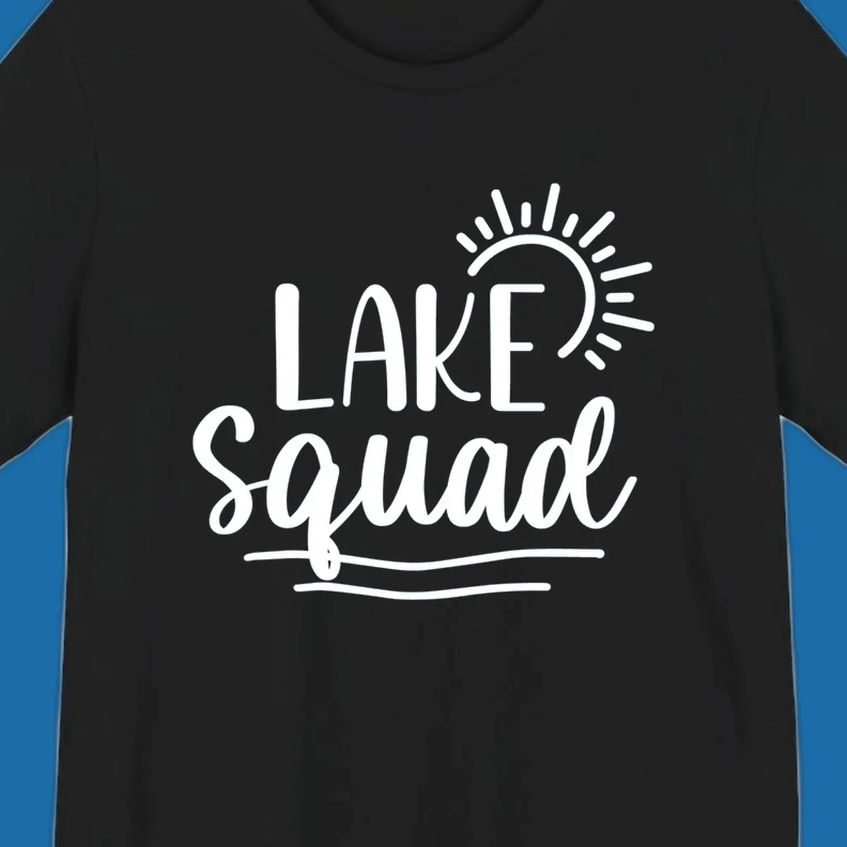 Lake squad summer vibes graphic with sun and text.