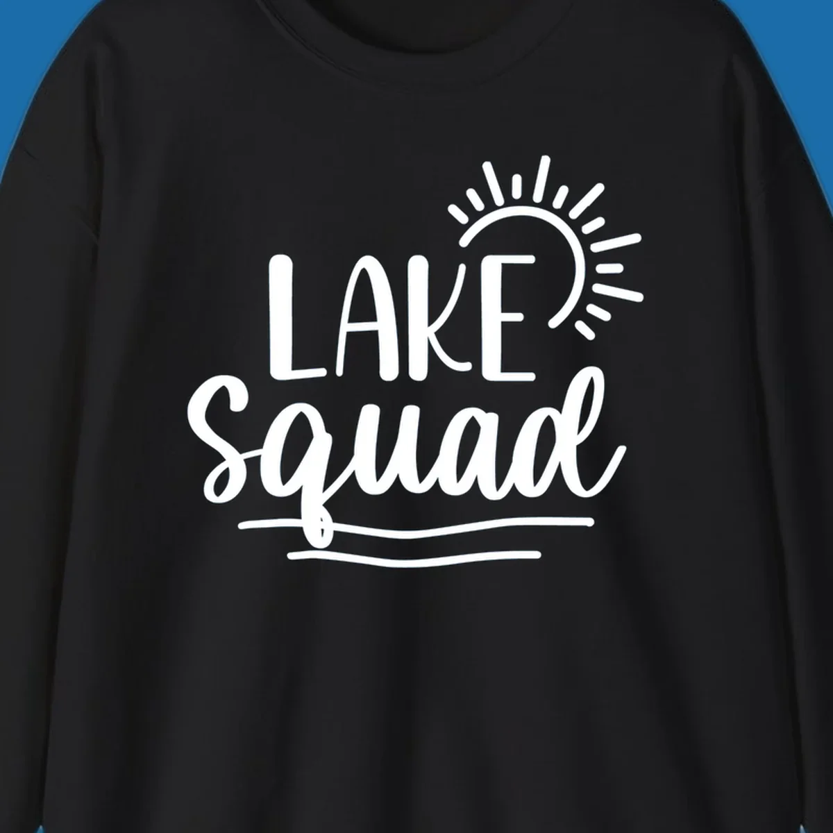 Lake squad summer vibes graphic with sun and text.