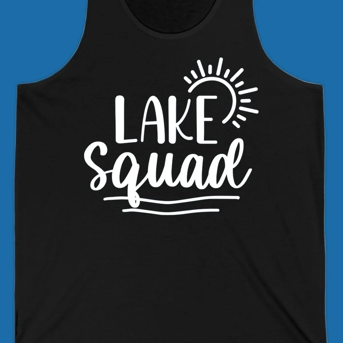 Lake squad summer vibes graphic with sun and text.