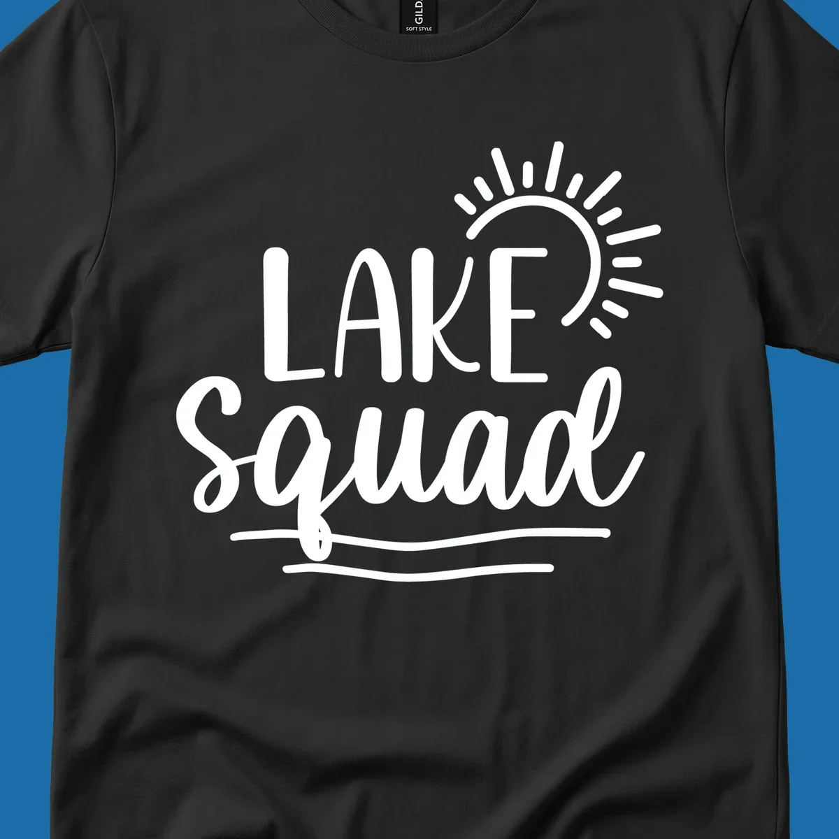 Lake squad summer vibes graphic with sun and text.