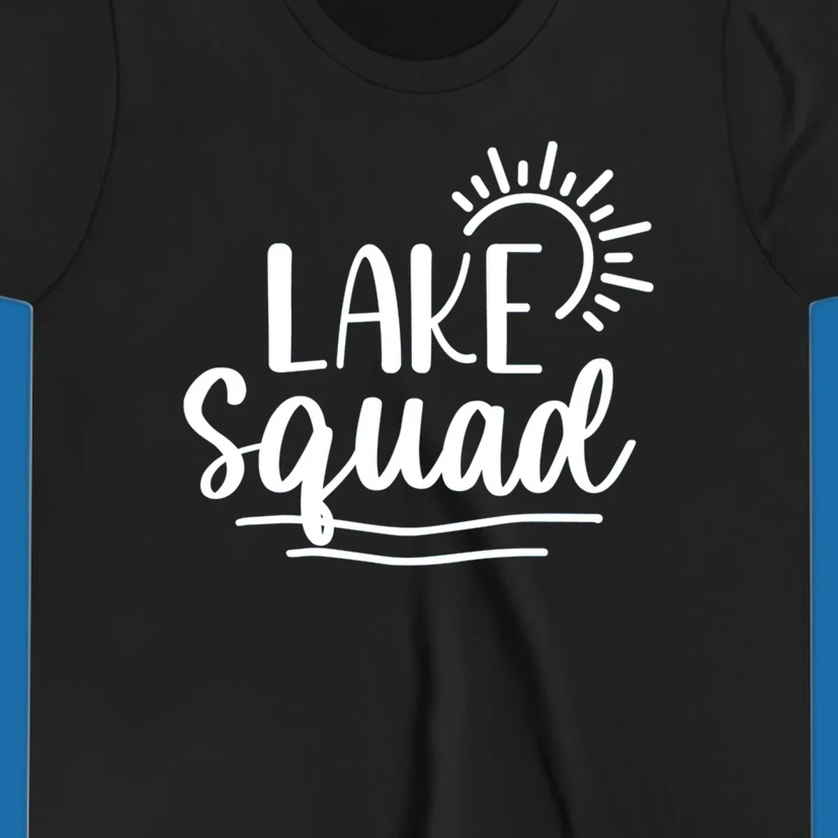 Lake squad summer vibes graphic with sun and text.
