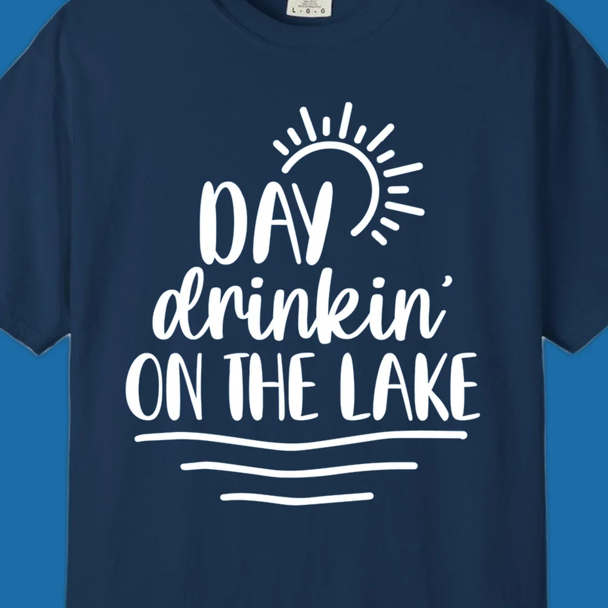 Day drinkin on the lake text with sun and waves graphic