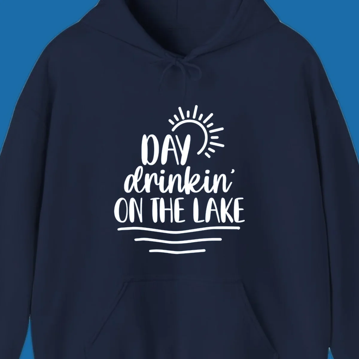 Day drinkin on the lake text with sun and waves graphic