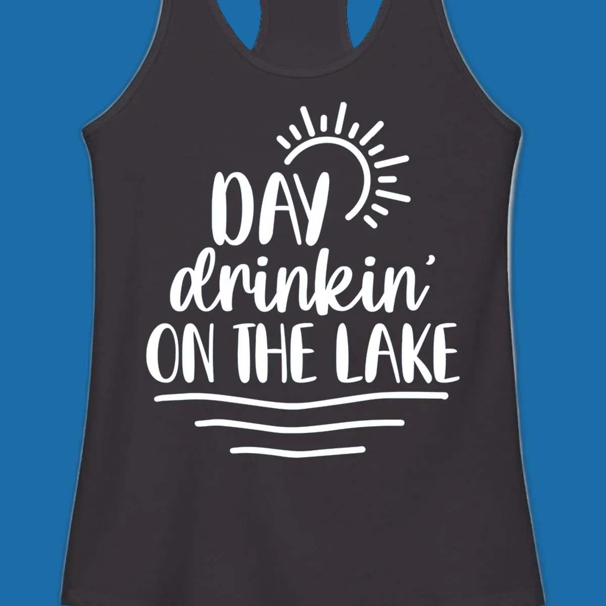 Day drinkin on the lake text with sun and waves graphic