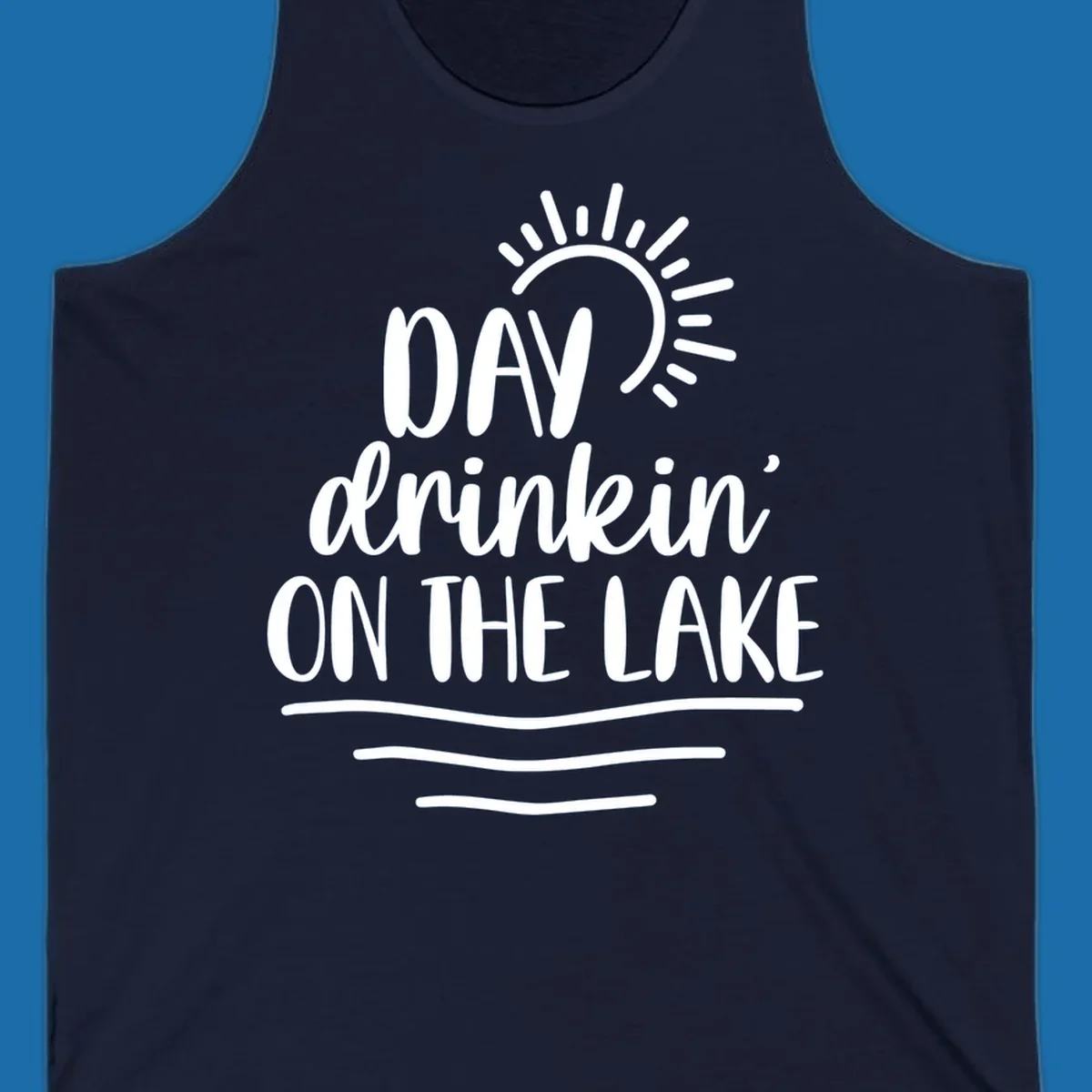 Day drinkin on the lake text with sun and waves graphic