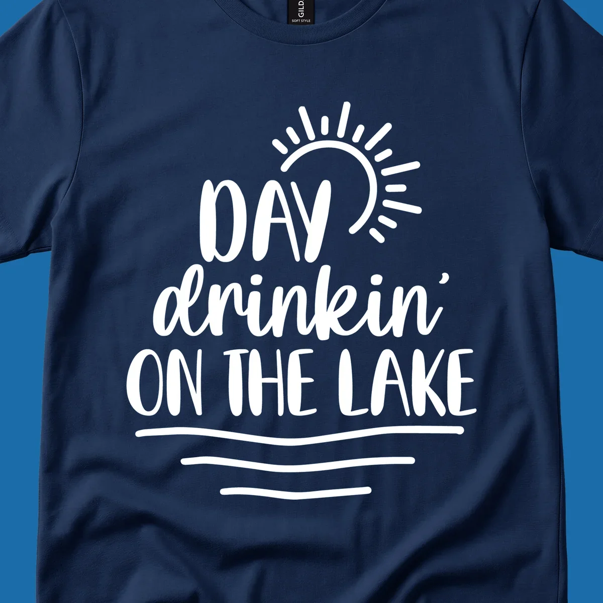 Day drinkin on the lake text with sun and waves graphic