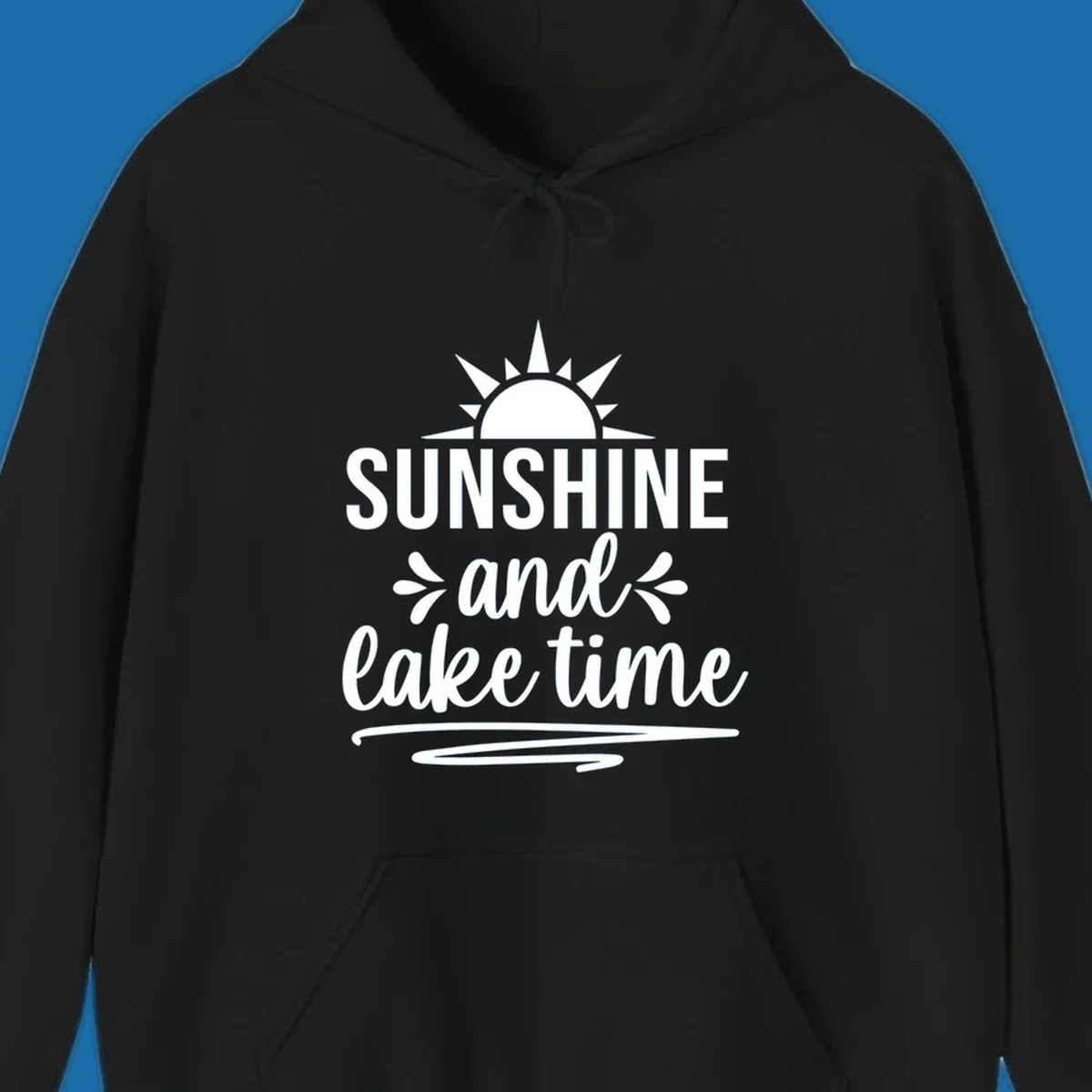 Sunshine and lake time text with a sun graphic, for lake day apparel.