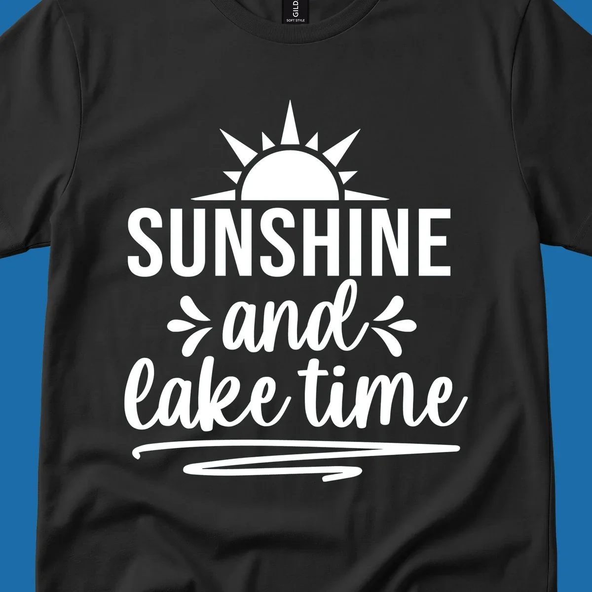 Sunshine and lake time text with a sun graphic, for lake day apparel.