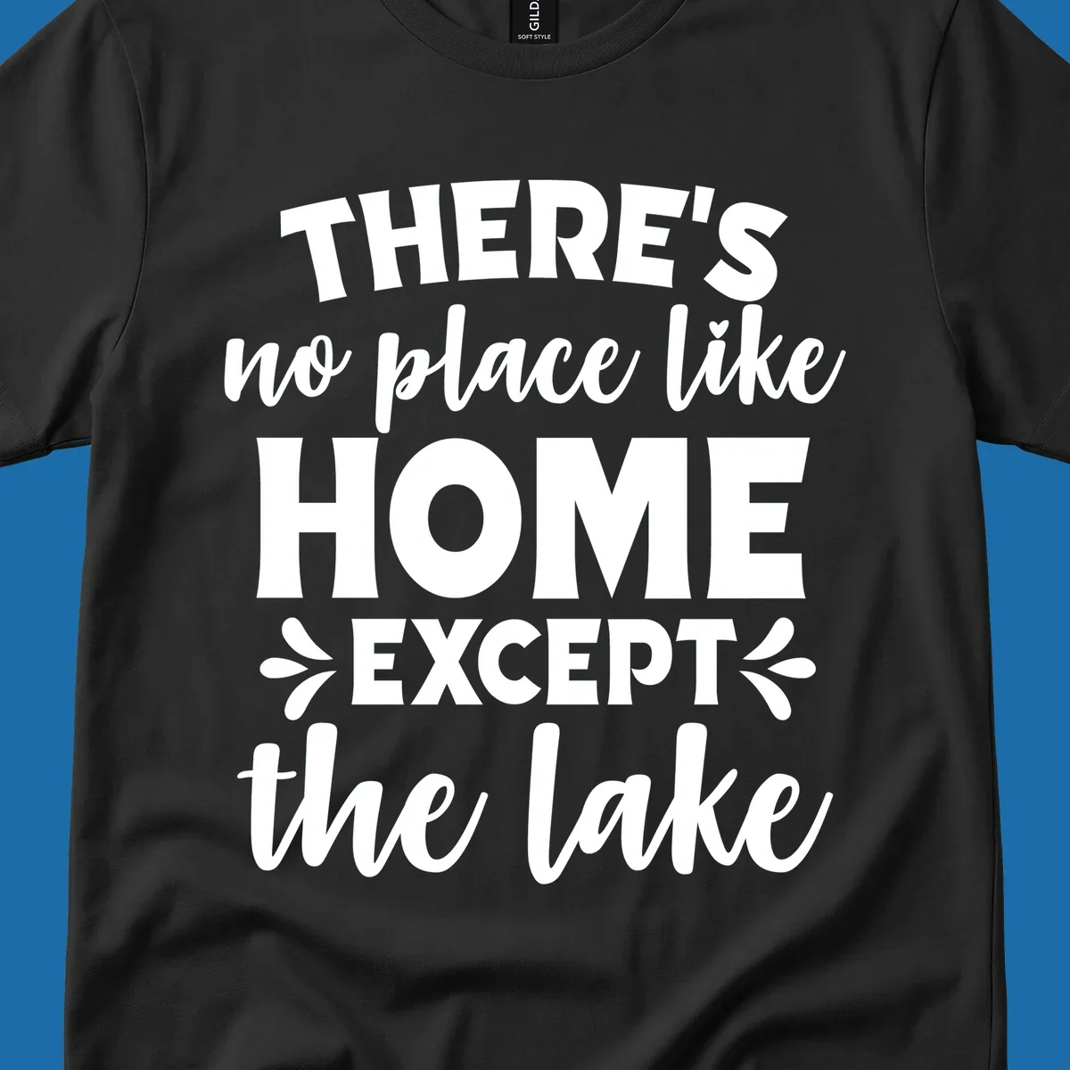 Typography design with the phrase "There's No Place Like Home Except The Lake" for lake-life apparel.