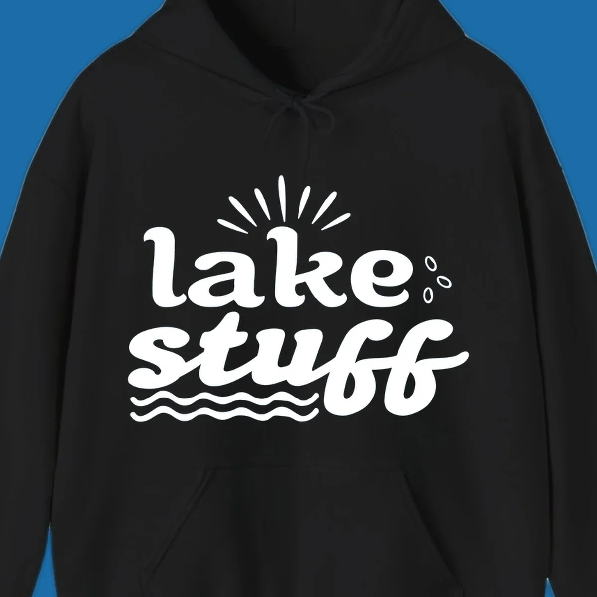Lake Stuff fun lake vibes graphic with text, sun rays, water drops, and waves.