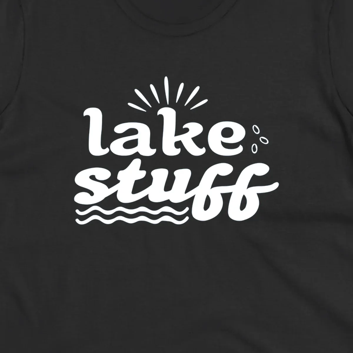 Lake Stuff fun lake vibes graphic with text, sun rays, water drops, and waves.