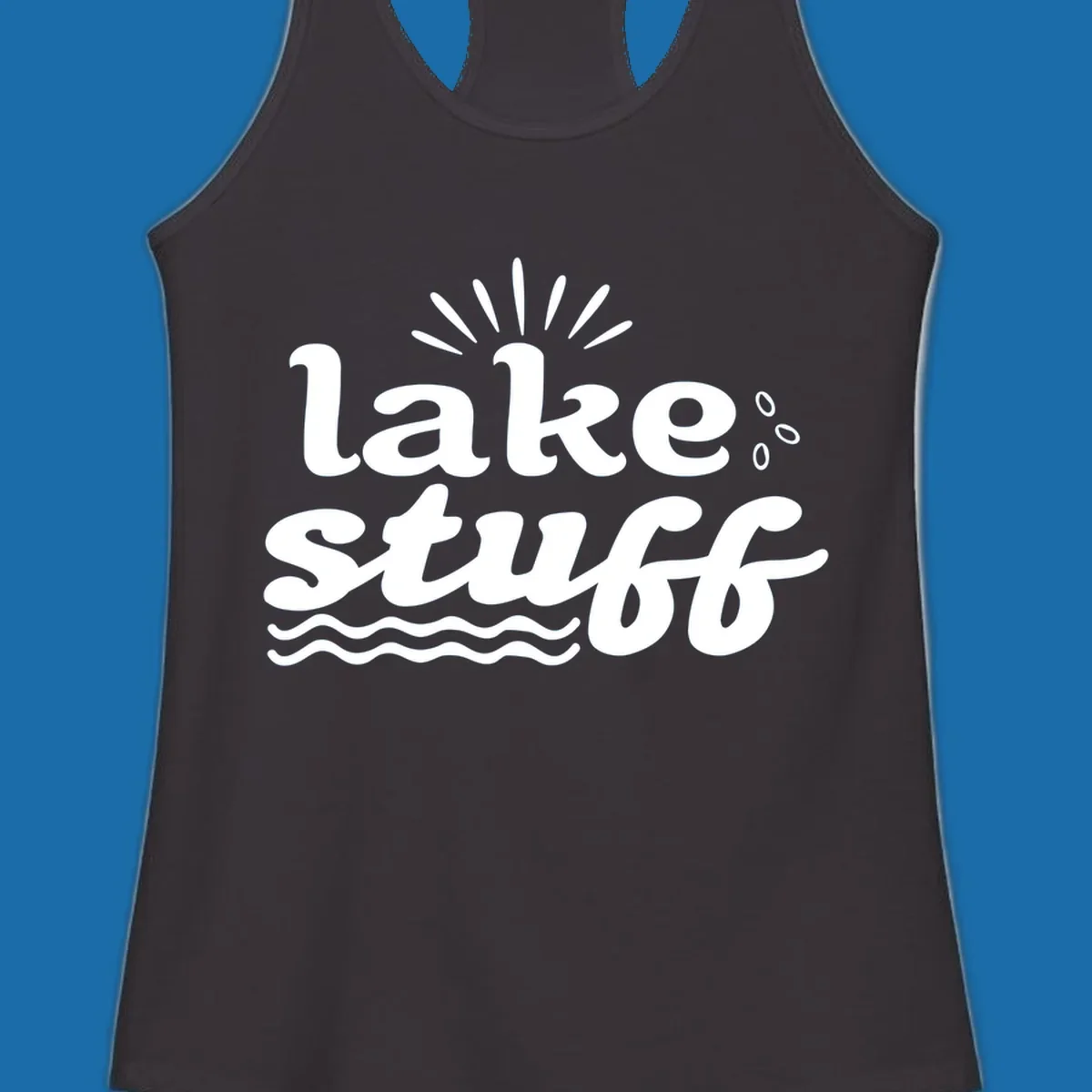 Lake Stuff fun lake vibes graphic with text, sun rays, water drops, and waves.