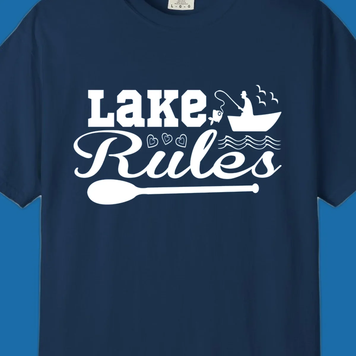 Lake Rules design with fishing boat, fish, oar, waves, and birds. White artwork on black and white backgrounds.