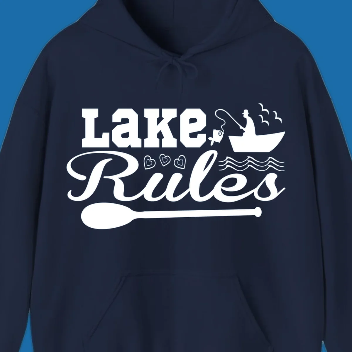 Lake Rules design with fishing boat, fish, oar, waves, and birds. White artwork on black and white backgrounds.