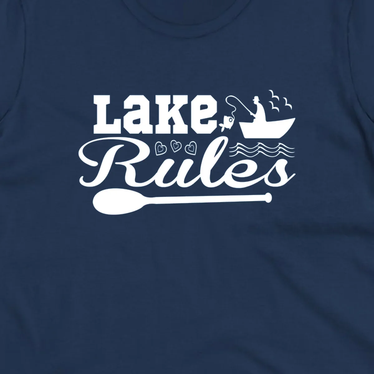 Lake Rules design with fishing boat, fish, oar, waves, and birds. White artwork on black and white backgrounds.