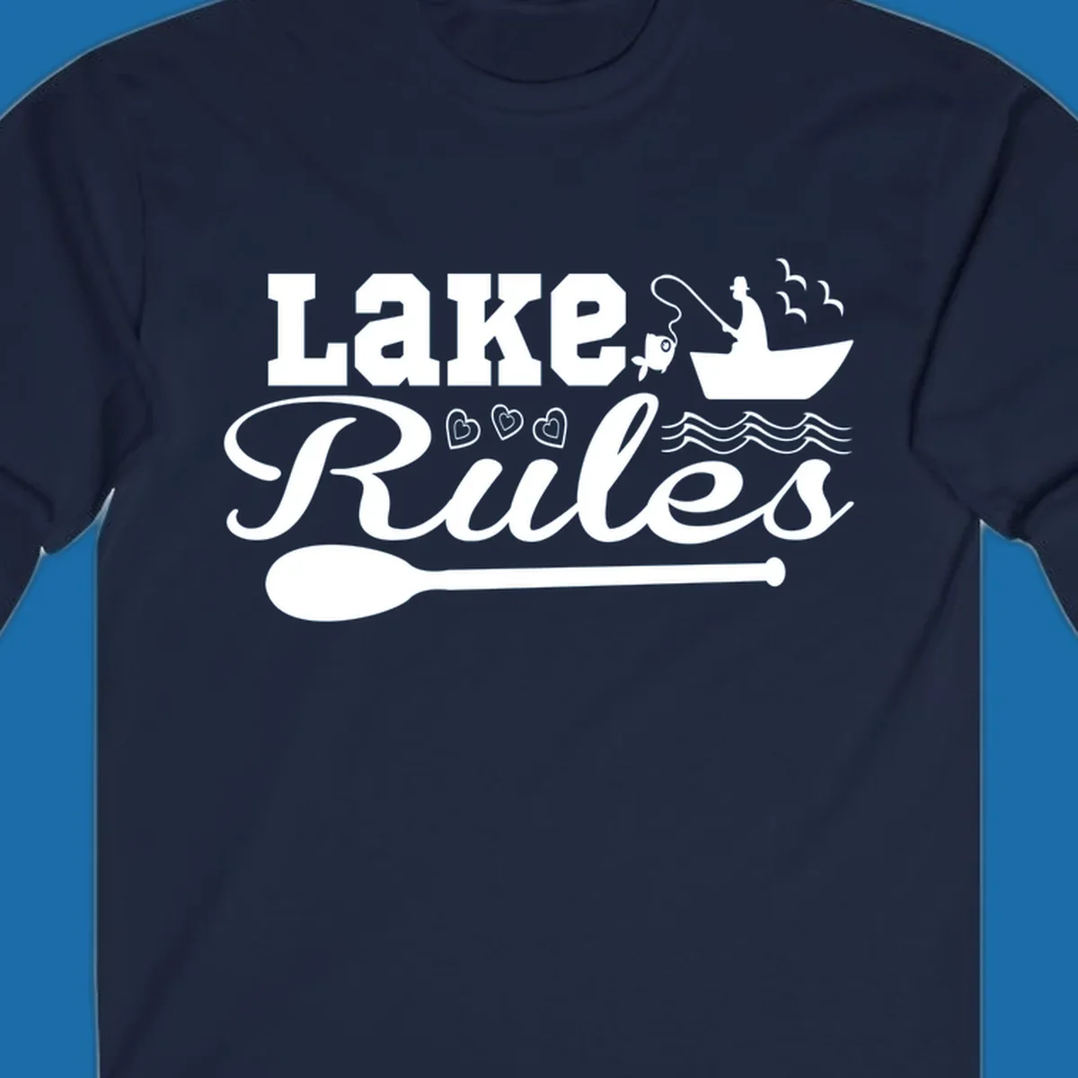 Lake Rules design with fishing boat, fish, oar, waves, and birds. White artwork on black and white backgrounds.