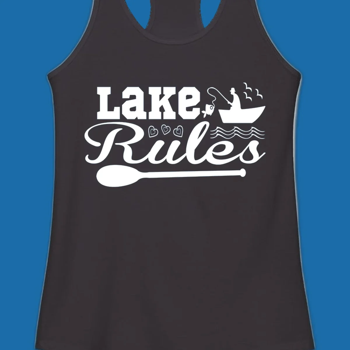 Lake Rules design with fishing boat, fish, oar, waves, and birds. White artwork on black and white backgrounds.