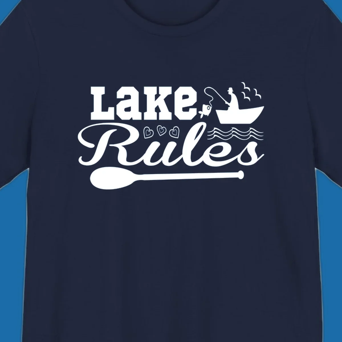 Lake Rules design with fishing boat, fish, oar, waves, and birds. White artwork on black and white backgrounds.