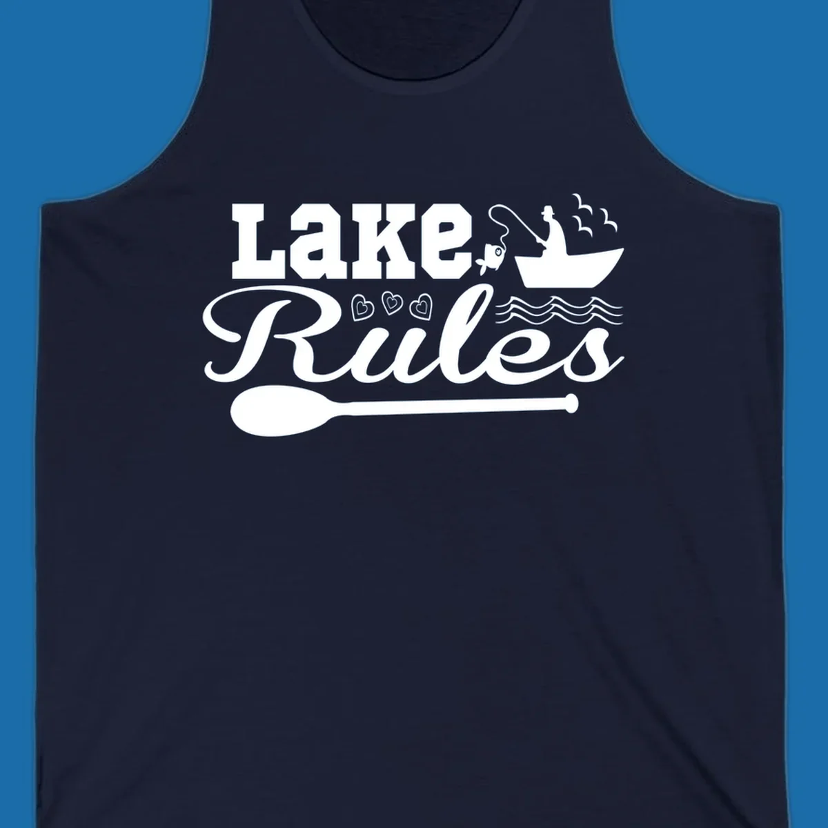 Lake Rules design with fishing boat, fish, oar, waves, and birds. White artwork on black and white backgrounds.