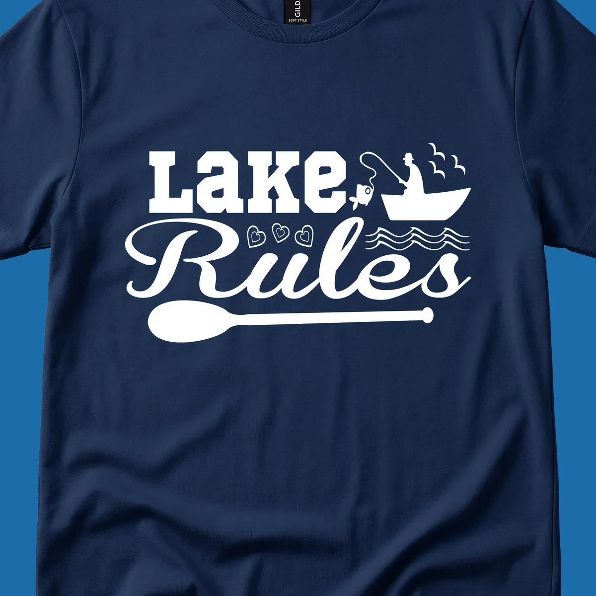 Lake Rules design with fishing boat, fish, oar, waves, and birds. White artwork on black and white backgrounds.