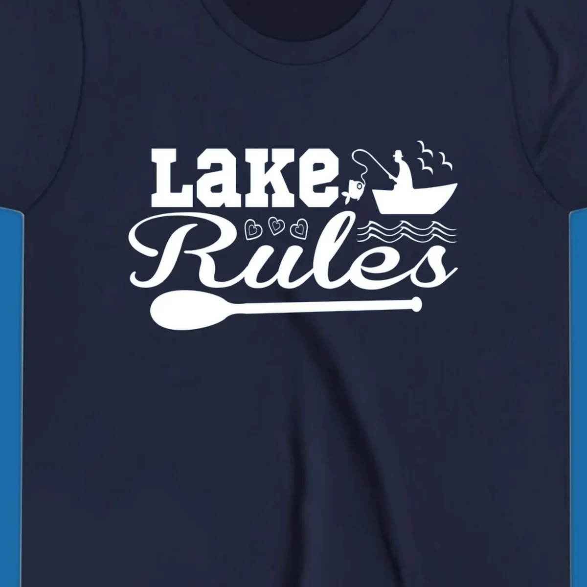 Lake Rules design with fishing boat, fish, oar, waves, and birds. White artwork on black and white backgrounds.