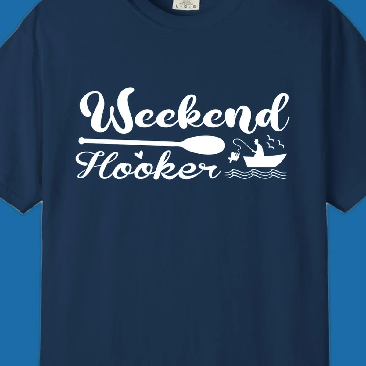 Weekend Hooker fishing design with fisherman in boat catching fish, text and waves.