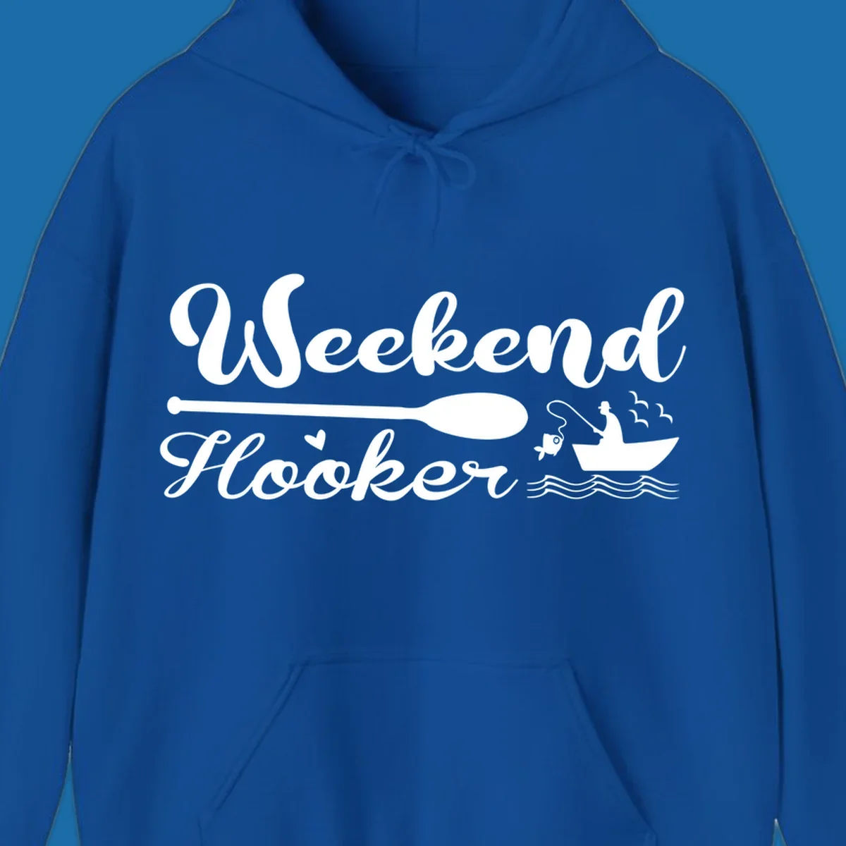 Weekend Hooker fishing design with fisherman in boat catching fish, text and waves.