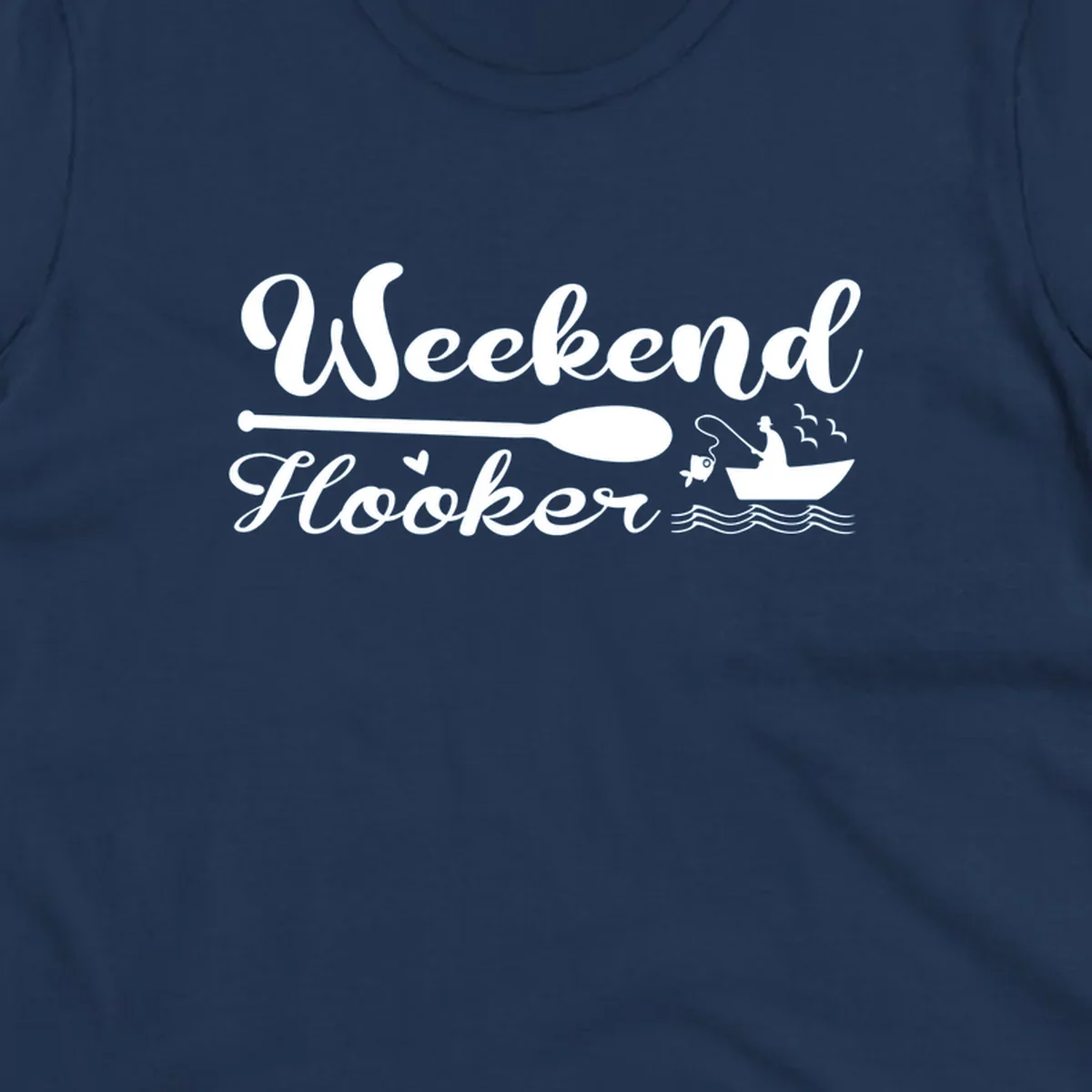 Weekend Hooker fishing design with fisherman in boat catching fish, text and waves.