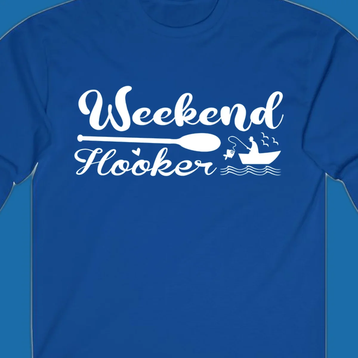 Weekend Hooker fishing design with fisherman in boat catching fish, text and waves.