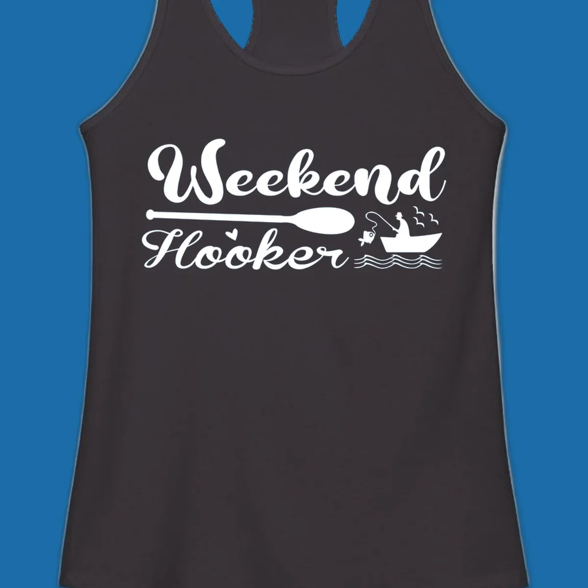 Weekend Hooker fishing design with fisherman in boat catching fish, text and waves.
