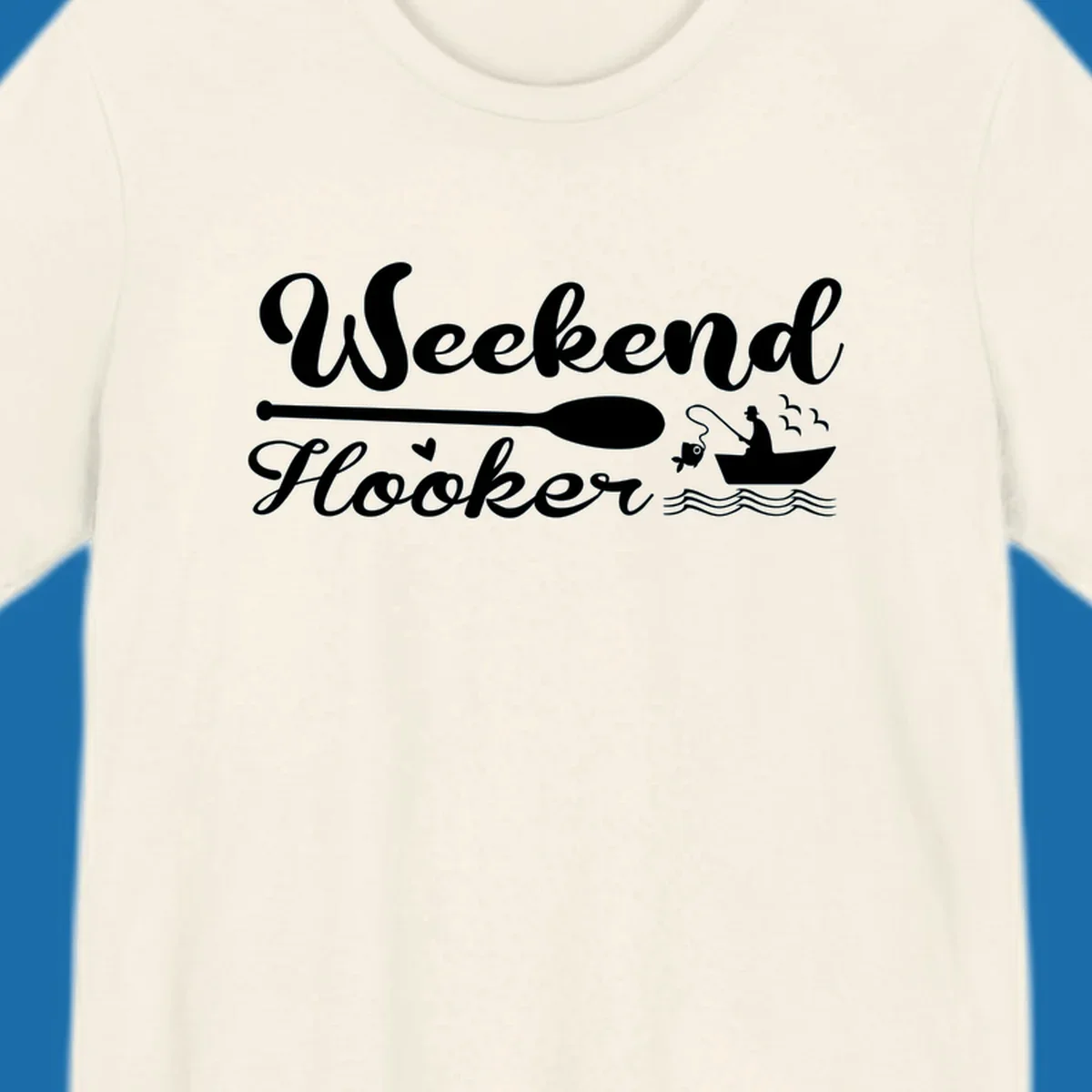 Weekend Hooker fishing design with fisherman in boat catching fish, text and waves.