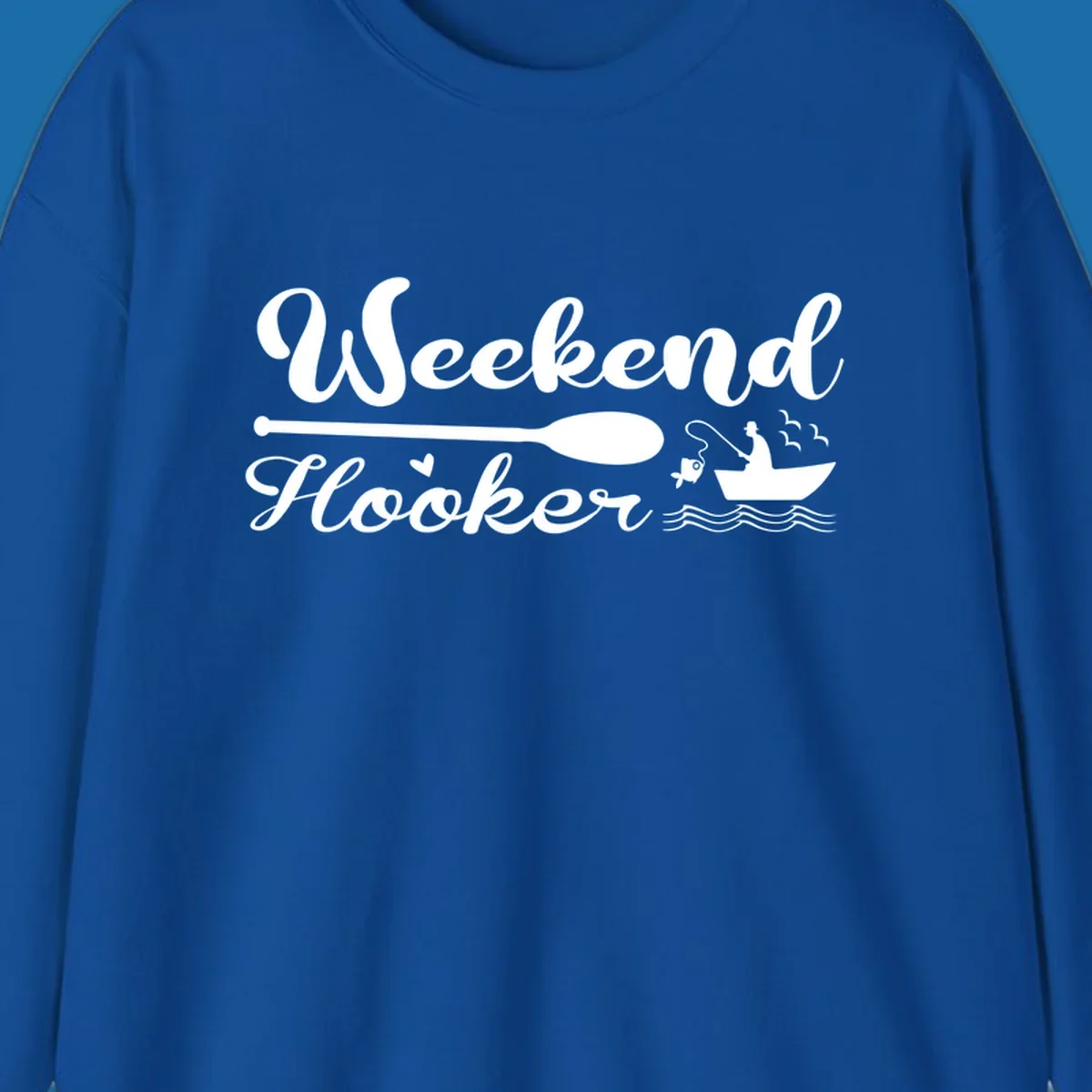 Weekend Hooker fishing design with fisherman in boat catching fish, text and waves.