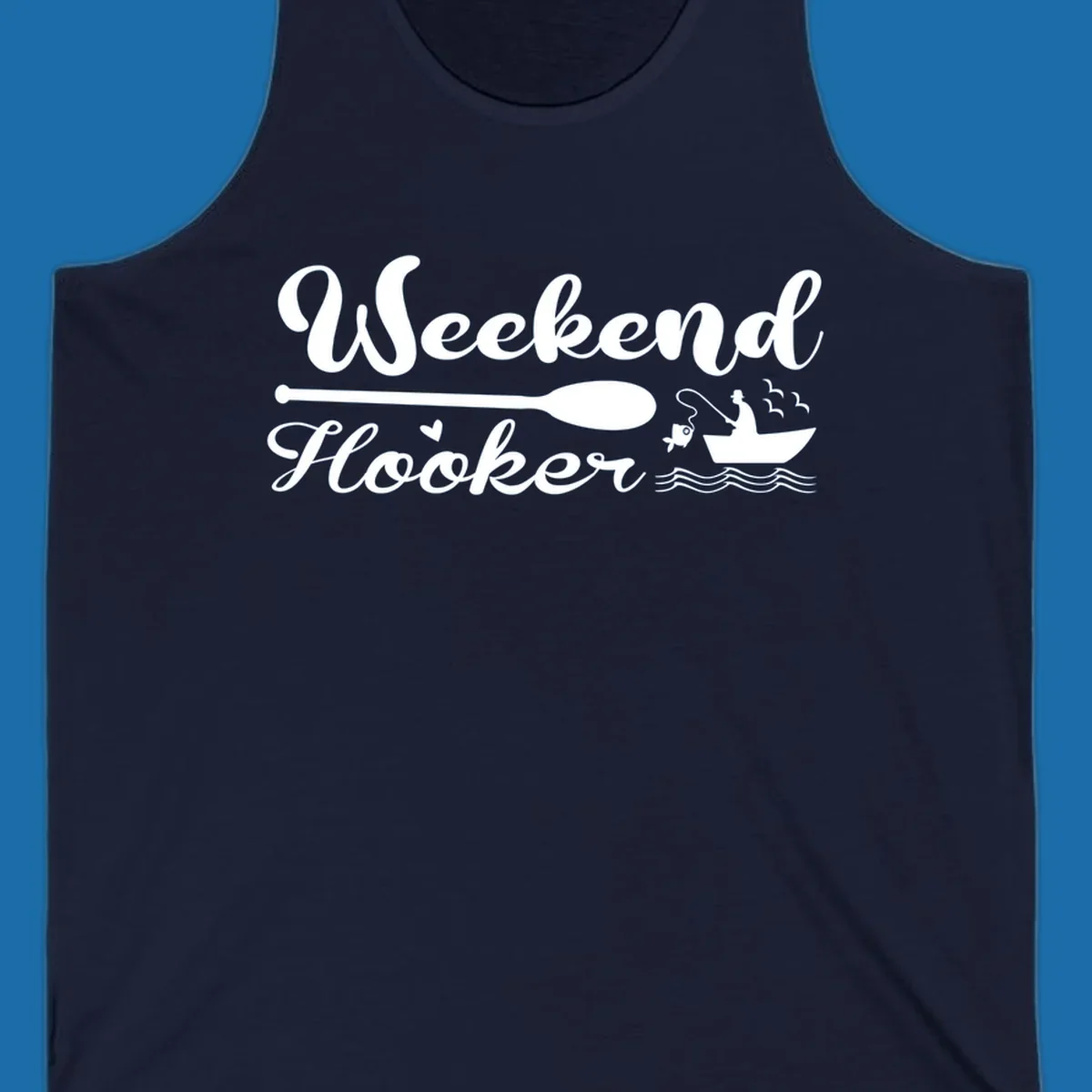 Weekend Hooker fishing design with fisherman in boat catching fish, text and waves.