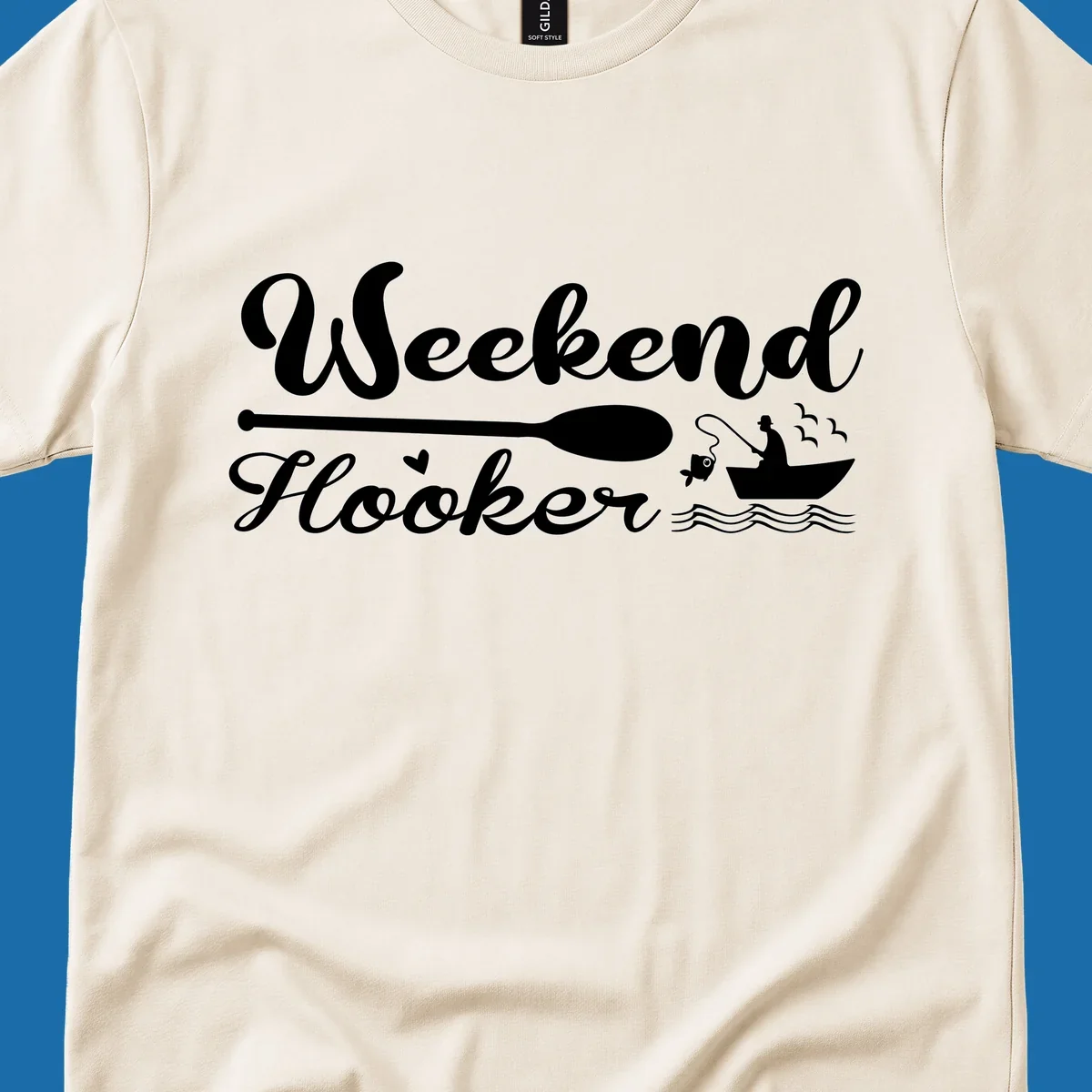 Weekend Hooker fishing design with fisherman in boat catching fish, text and waves.