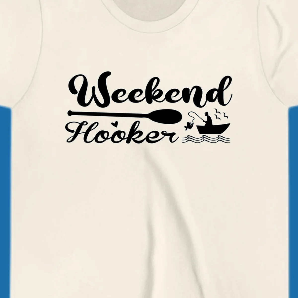 Weekend Hooker fishing design with fisherman in boat catching fish, text and waves.