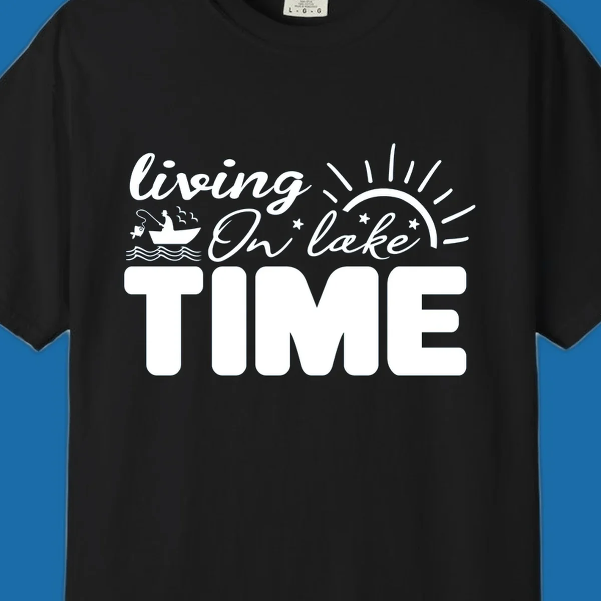 Living on lake time graphic with fishing boat, sun, and waves.