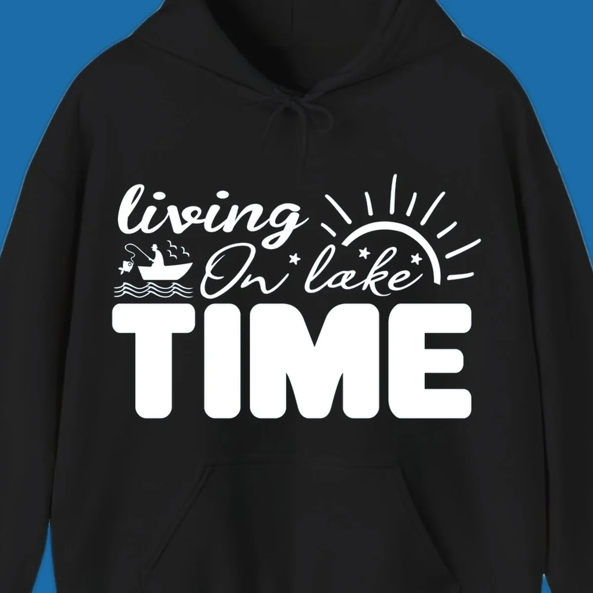 Living on lake time graphic with fishing boat, sun, and waves.