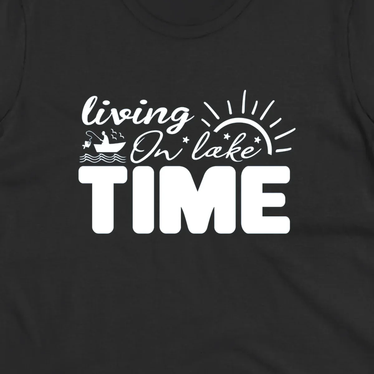Living on lake time graphic with fishing boat, sun, and waves.