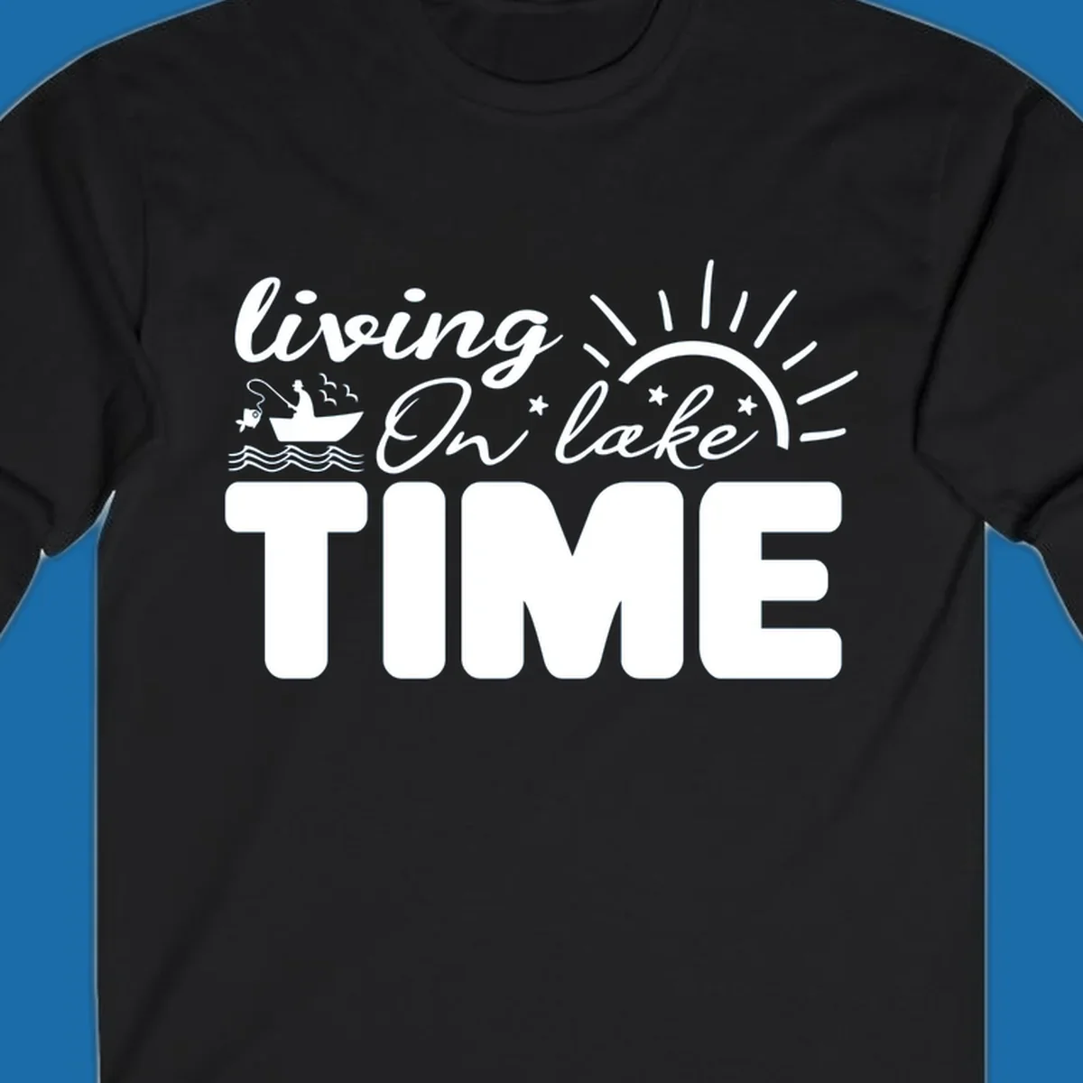 Living on lake time graphic with fishing boat, sun, and waves.
