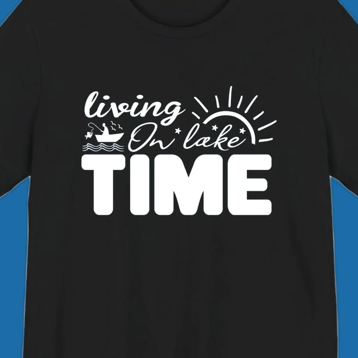 Living on lake time graphic with fishing boat, sun, and waves.
