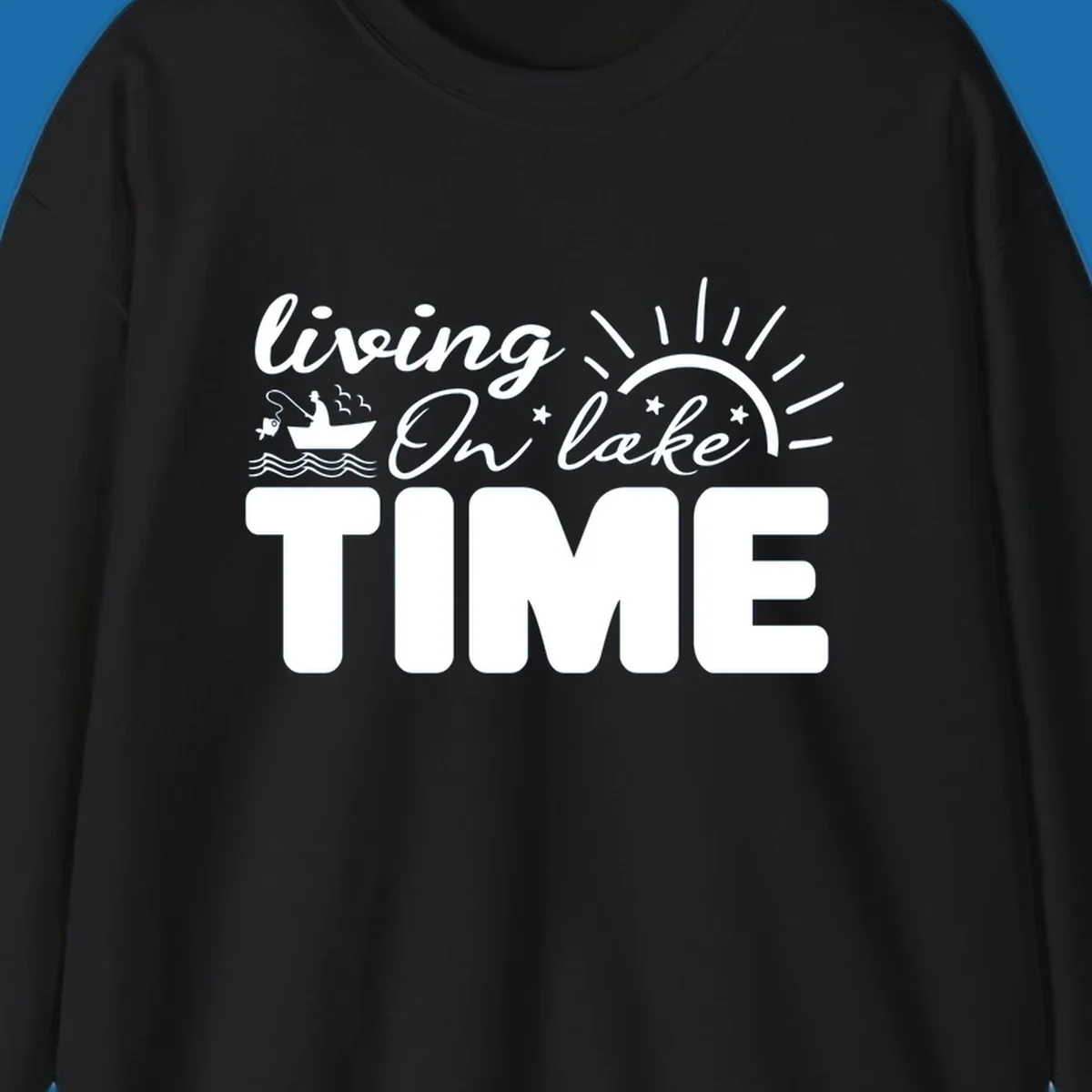 Living on lake time graphic with fishing boat, sun, and waves.