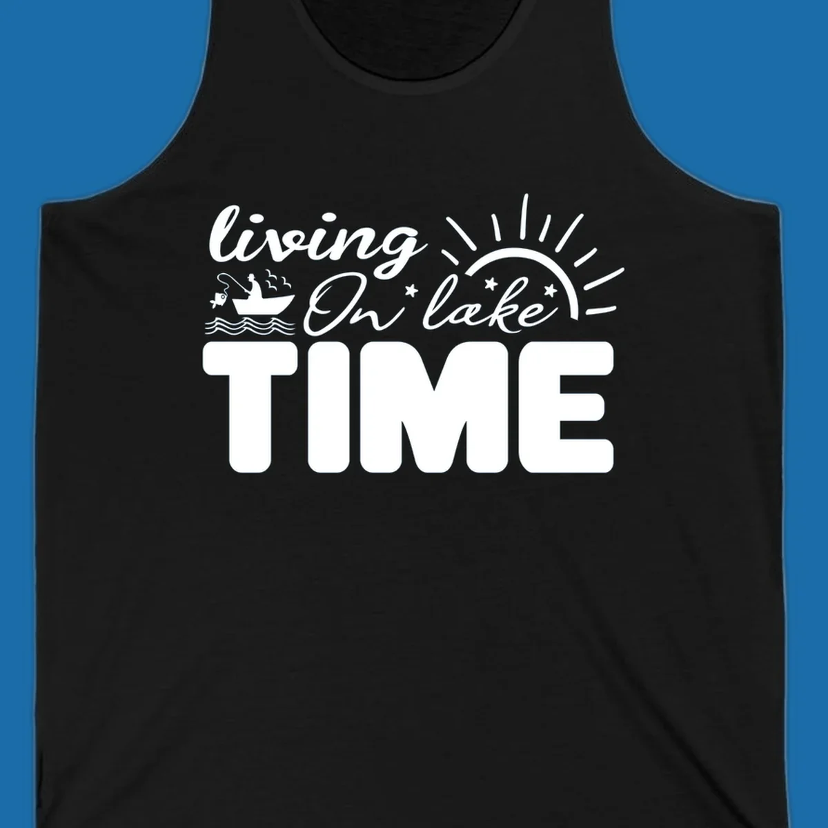 Living on lake time graphic with fishing boat, sun, and waves.